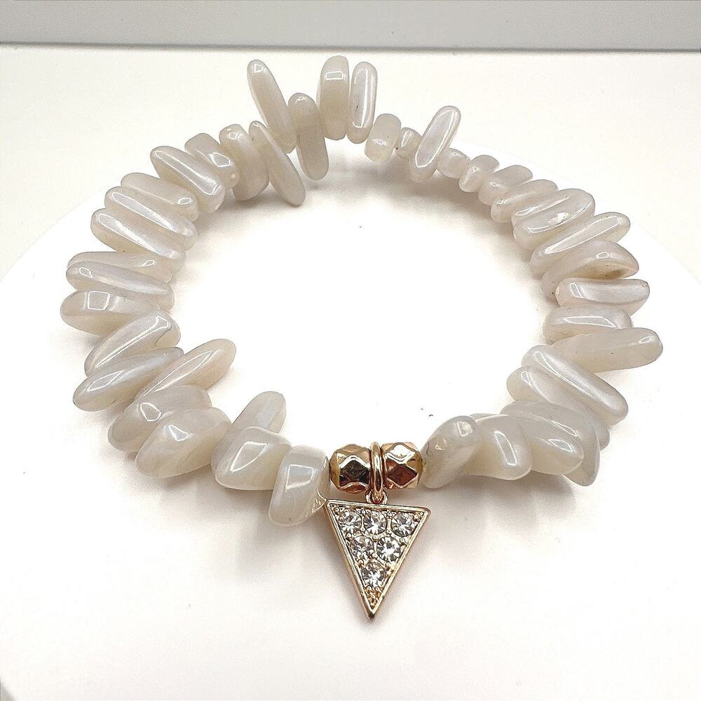 Vintage 90s Ivory Stone Chip Stretch Bracelet Gold Tone Rhinestone Triangle